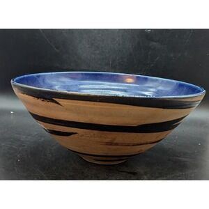Vintage Studio Art Pottery Blue Striped Fruit Console Bowl 11.5" Signed